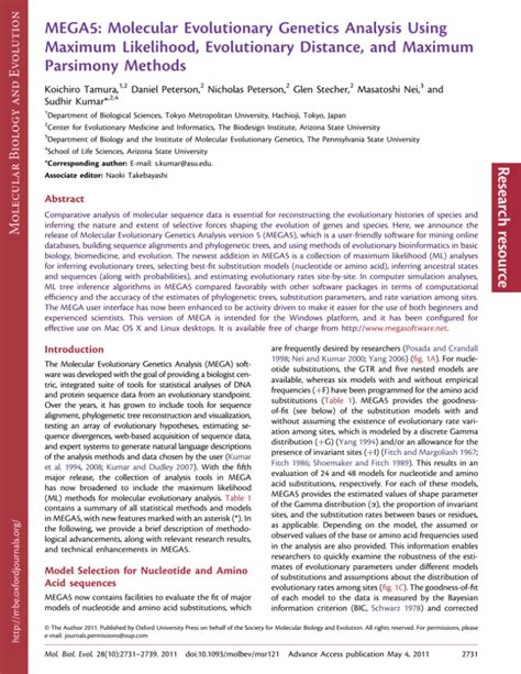 MEGA5: Molecular Evolutionary Genetics Analysis Using Maximum.